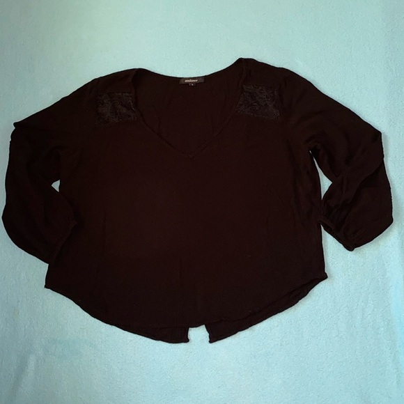 AMBIANCE gauze v-neck long sleeve lace insets flowy lightweight black NEW size L - Picture 1 of 12